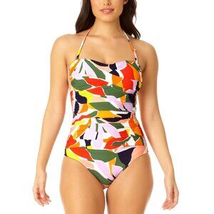 Anne Cole Twist Front Shirred One Piece Swimsuit, Palm Party 12 NWT